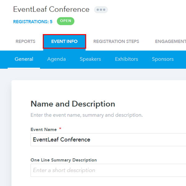 From the tabs on the top, Click on Event info