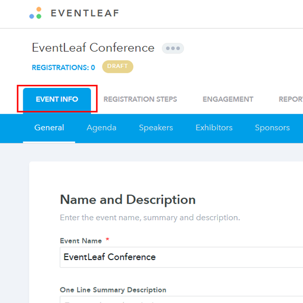 From the tabs on the top, click Event Info