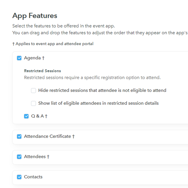 enable or disable the options you want to show on the attendee app