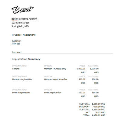 tokens in the invoice will be replaced with actual attendee information