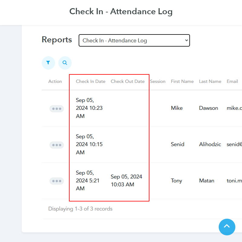 You will see the check-in and check-out dates and times of all the attendees.