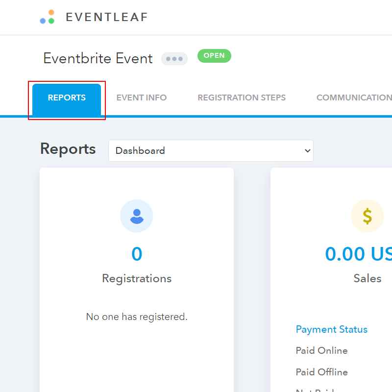 Select your event and click on REPORTS.
