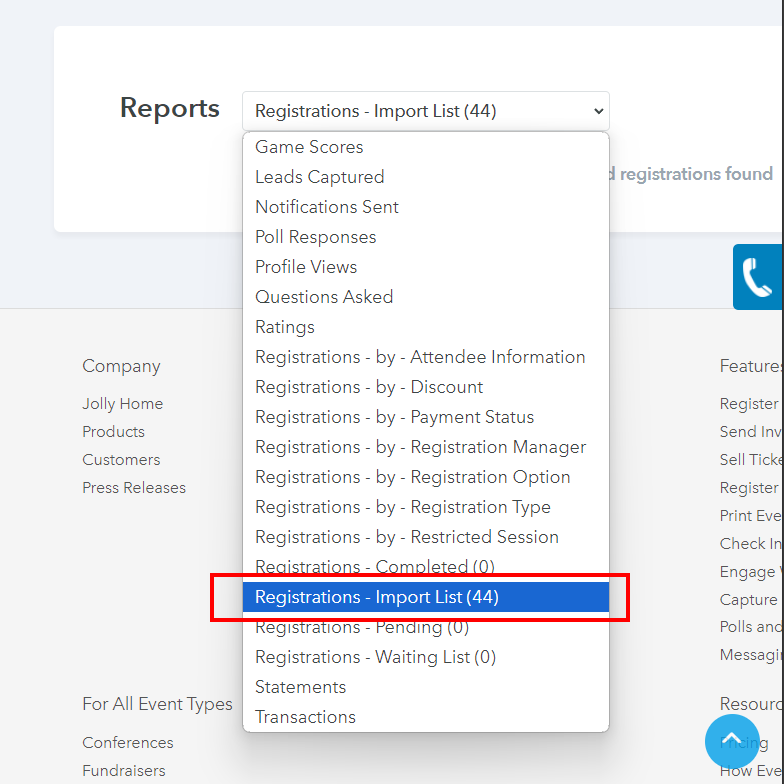 Select your event and click on REPORTS.